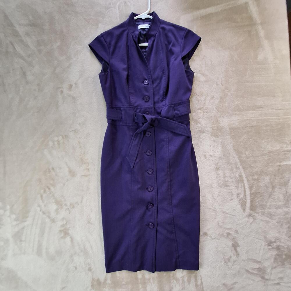 Calvin Klein Dress Womens Size 2 Purple Button Front Belted Sheath Knee Length